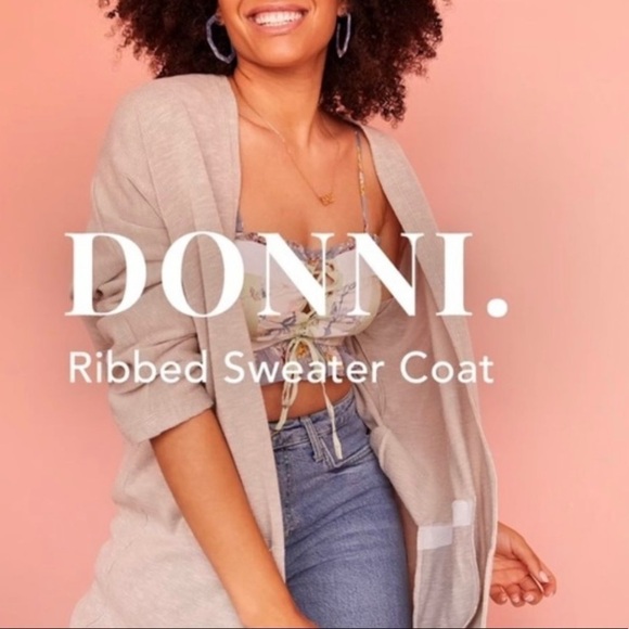 DONNI. Ribbed Sweater Coat Open Front Stretchy Ribbed Pockets Tan/Sand Color O/S - Picture 3 of 15